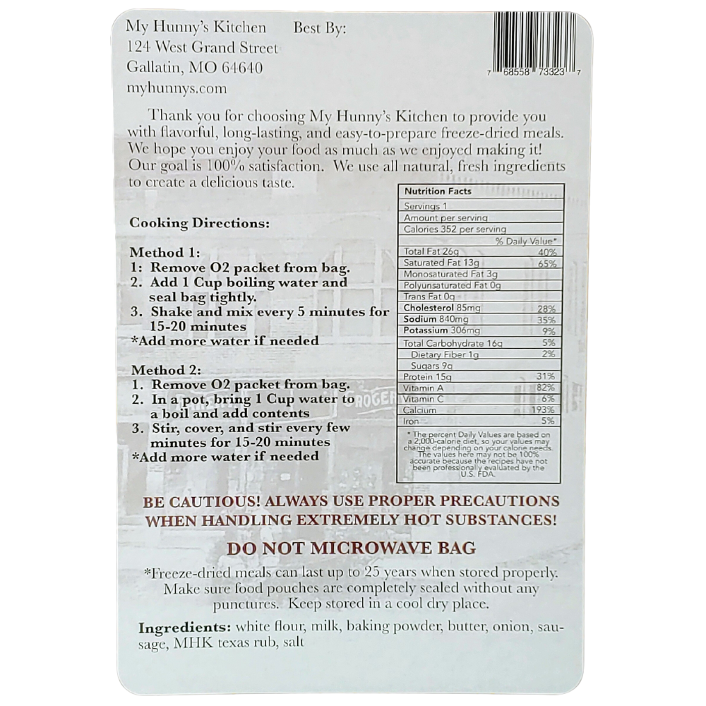 Biscuits and Gravy Freeze Dried Meal packaging back view