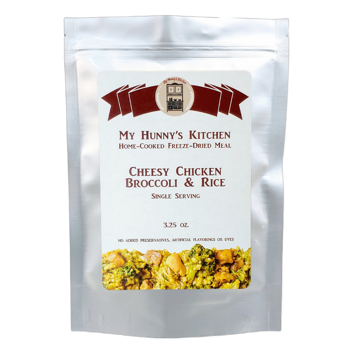 Cheesy Chicken Broccoli and Rice Freeze Dried Meal packaging front view