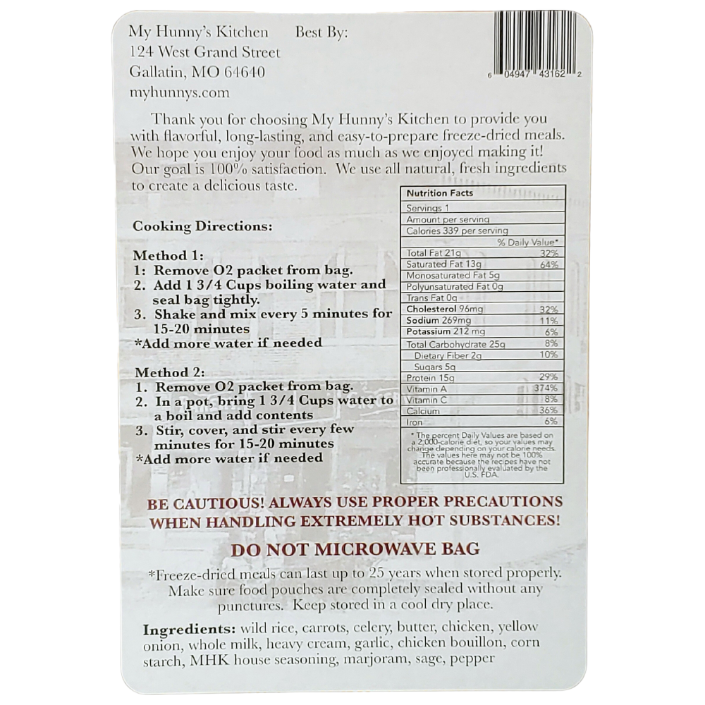 Chicken and Wild Rice Soup Freeze Dried Meal packaging back view