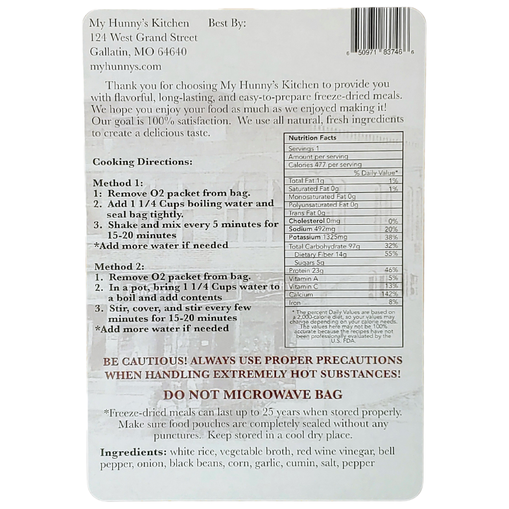 Cuban Rice and Beans Freeze Dried Meal packaging back view