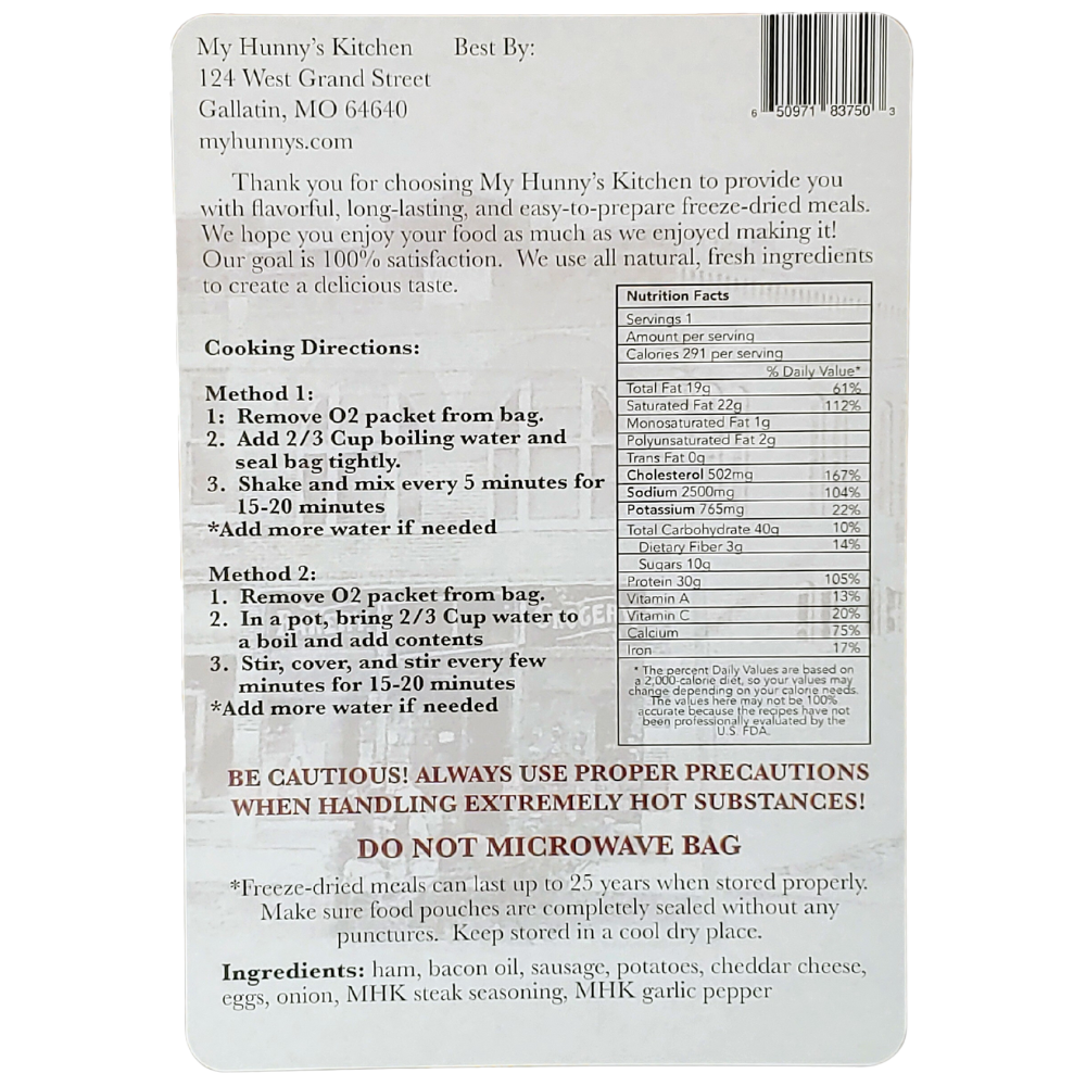 Meatlovers Scramble Freeze Dried Meal packaging back view