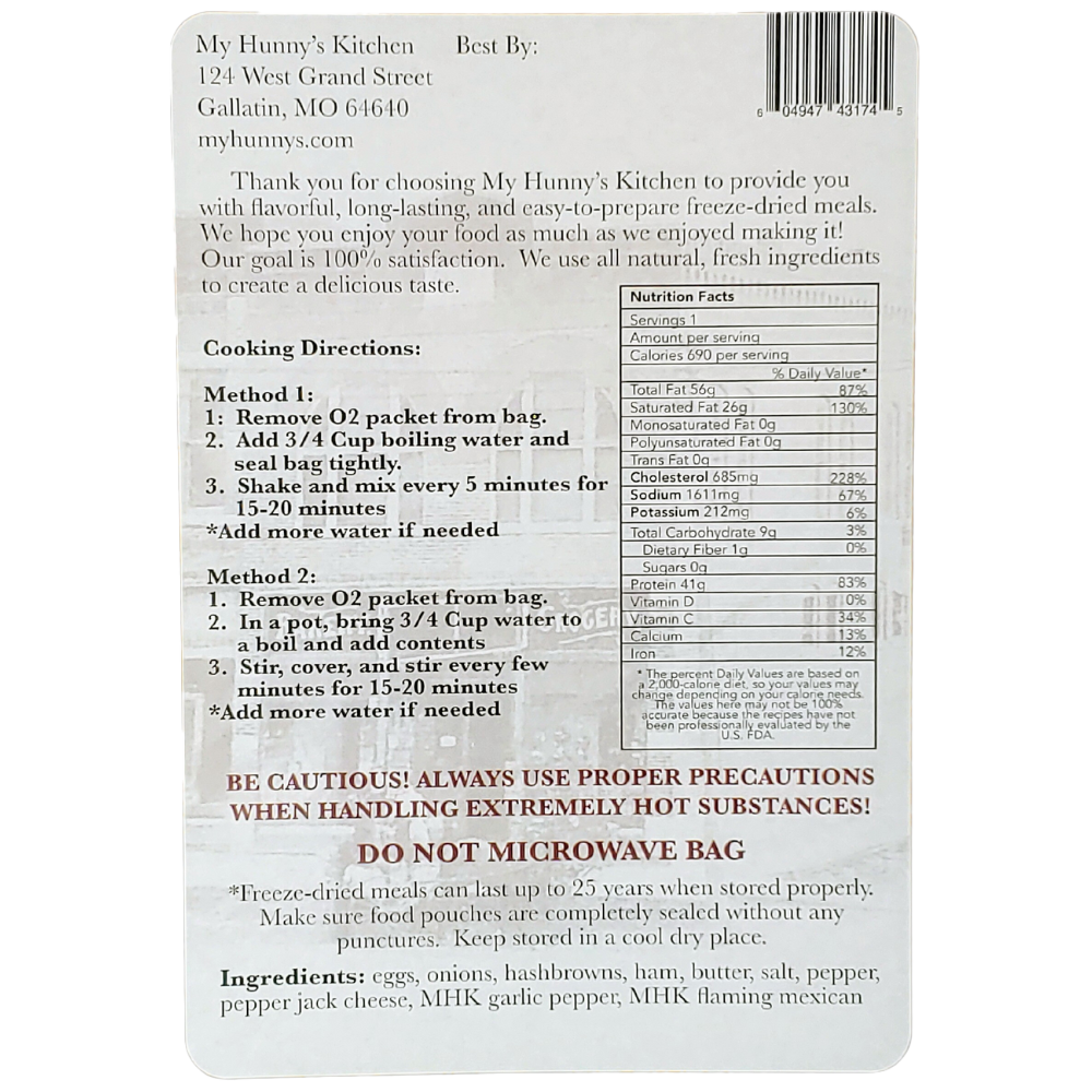 Pepper Jack Ham Scramble Freeze Dried Meal packaging back view