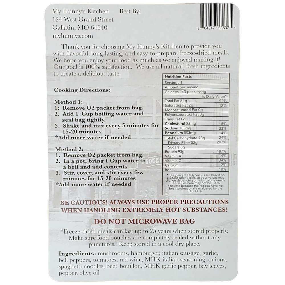 Rice and Raisins Freeze Dried Meal packaging back view