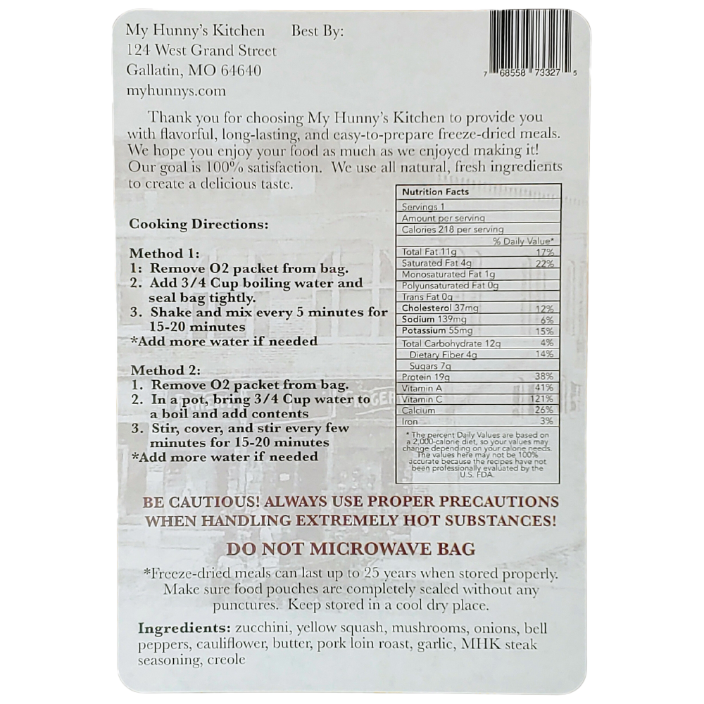Southern Pork and Veggie Freeze Dried Meal Packaging back view