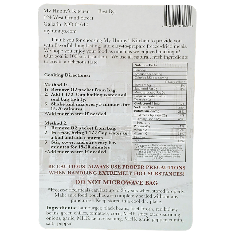 Taco Soup Freeze Dried Meal Packaging back view