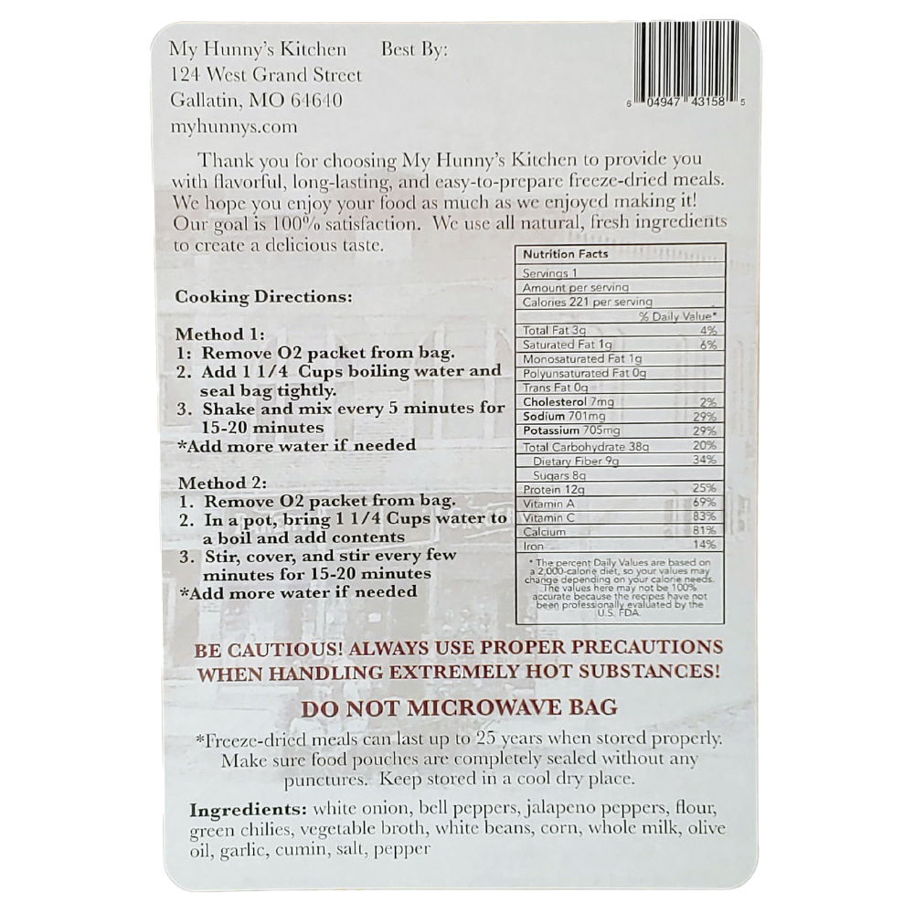 White Bean Chili Freeze Dried Meal packaging back view