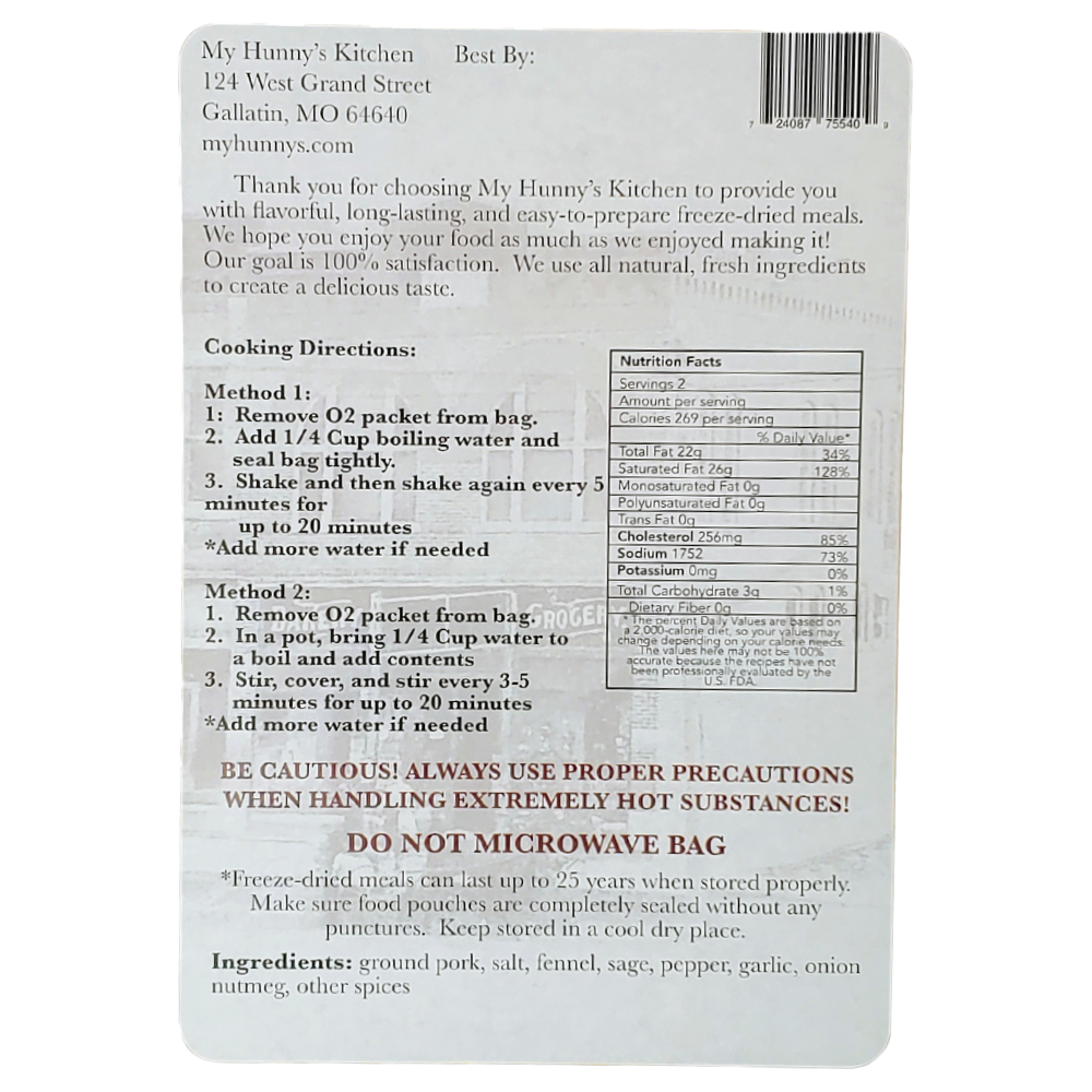 Country Sausage Freeze Dried Meat packaging back view