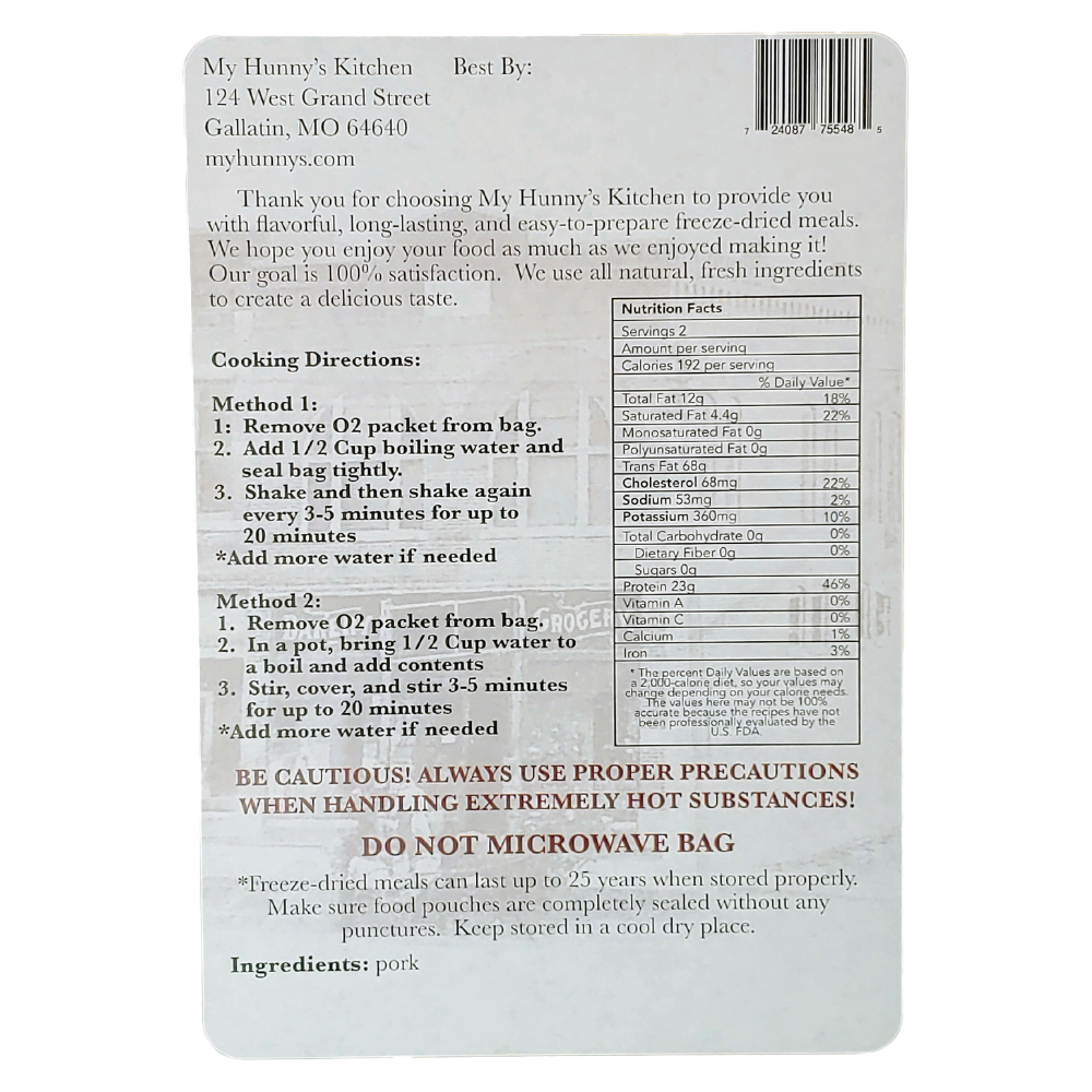 Shredded Pork Freeze Dried Meat packaging back view